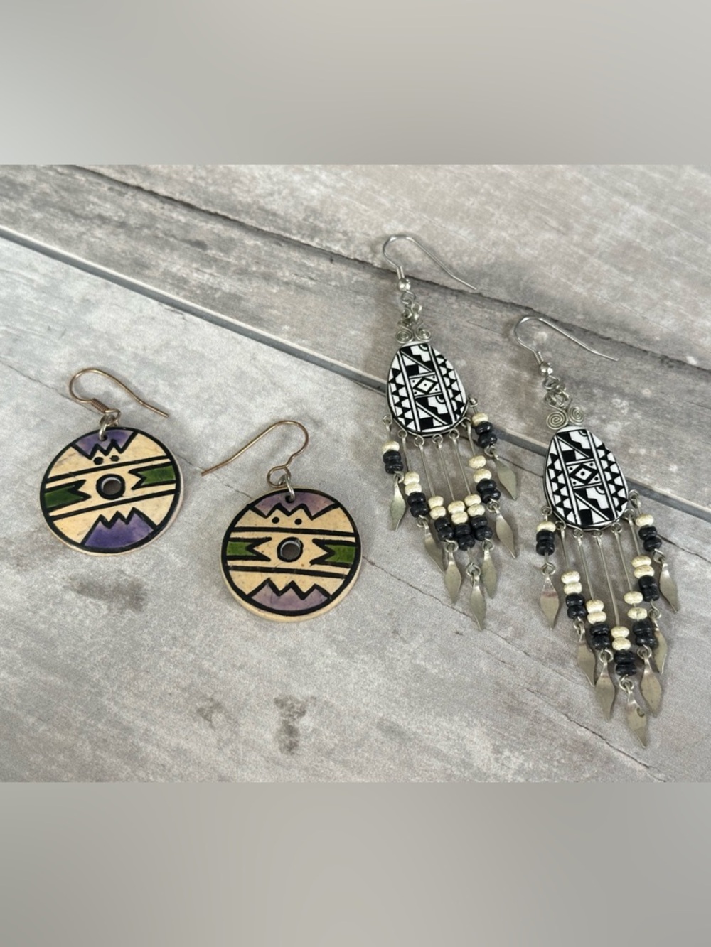 Bohemian Black & Cream Aztec Dangle Earrings Artisan Native American South West